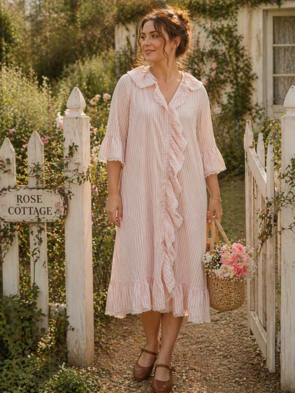 Vintage Elen Henderson Nightgown Robe Set Pink Stripe Lace Cottagecore Prairie